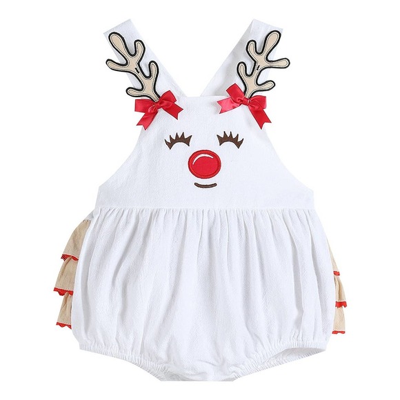 LIL Cactus 12-18 Mos Girl White Reindeer Ruffled Romper One Piece Christmas Time - Picture 1 of 6